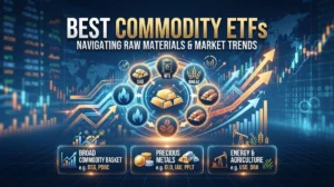 Best Commodity ETFs - A detailed graphical illustration featuring market data, symbols for various commodities like oil, gold, and agriculture, representing a complete guide to investing in commodity funds.