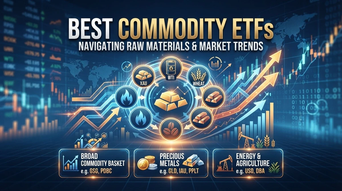 Best Commodity ETFs - A detailed graphical illustration featuring market data, symbols for various commodities like oil, gold, and agriculture, representing a complete guide to investing in commodity funds.