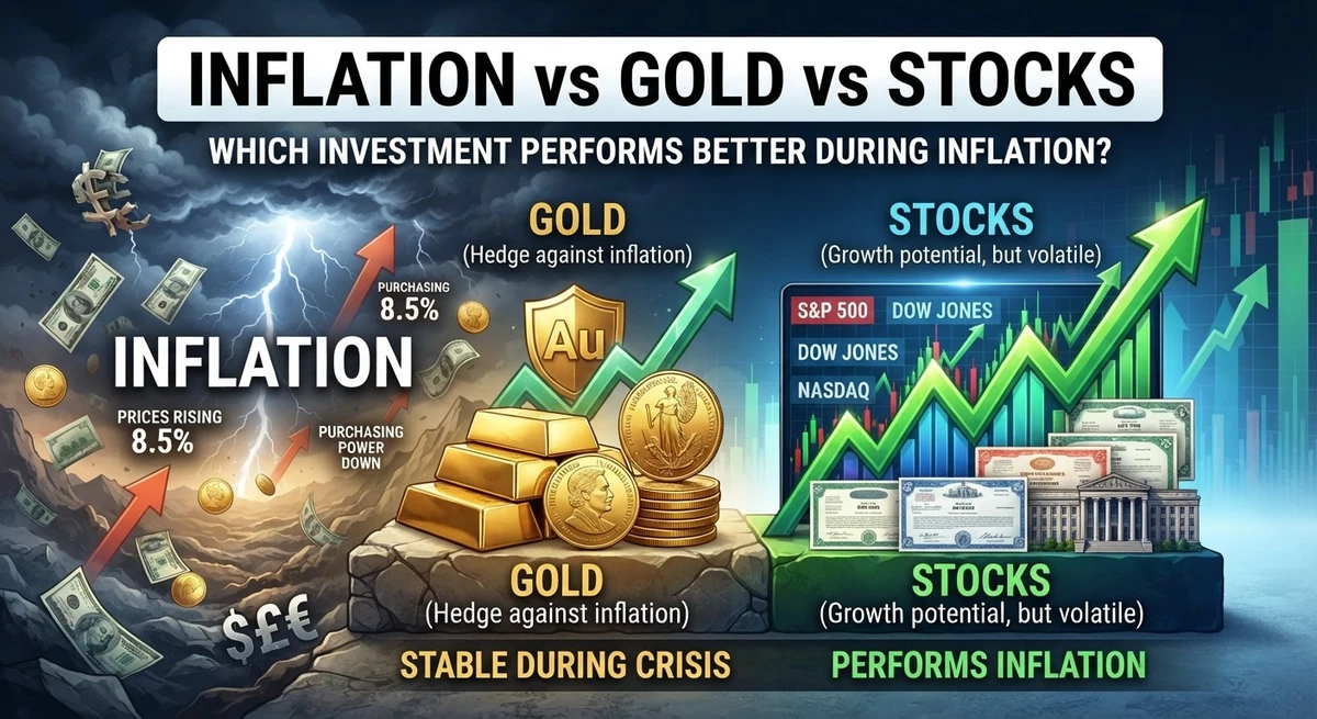 Inflation vs Gold vs Stocks: A financial graphic displaying digital charts, gold coins, and the text comparing inflation performance between gold and stocks.