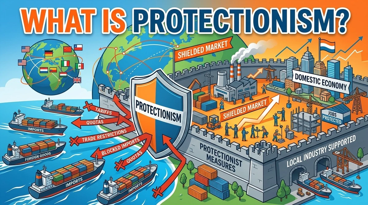 Illustration depicting trade barriers and global commerce concepts for What Is Protectionism?