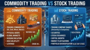 Commodity Trading vs Stock Trading - A visual comparison highlighting key differences, market risks, and strategies between trading physical commodities and investing in corporate stocks.