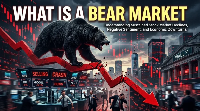 A bear standing on a falling stock chart with a red, downward trend line and a financial city skyline in the background, illustrating the concept of What Is a Bear Market.