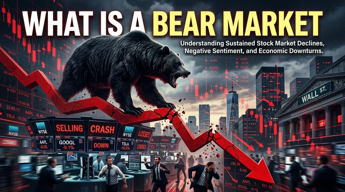 A bear standing on a falling stock chart with a red, downward trend line and a financial city skyline in the background, illustrating the concept of What Is a Bear Market.