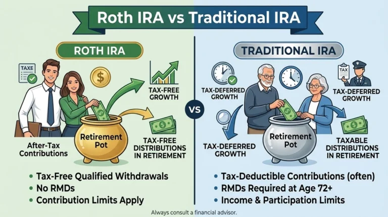 Infographic comparing Roth IRA (featuring after-tax growth and tax-free withdrawals) and Traditional IRA (featuring pre-tax contributions and tax-deferred growth) for the Roth IRA vs. Traditional IRA guide.