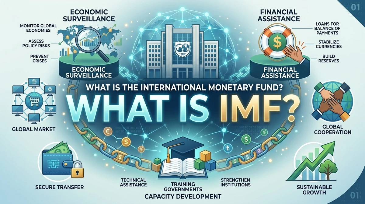 What Is the IMF? – Graphic illustration showing the text 'What Is IMF' overlaid on a blue financial network and currency graphic representing the International Monetary Fund.