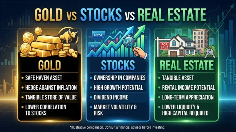 Gold vs Stocks vs Real Estate: A comparison graphic showing gold bullion, stock market trend lines, and a residential property building, illustrating different investment vehicles.