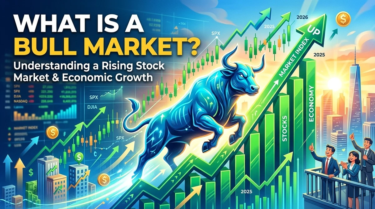 An illustration depicting a financial bull market, featuring a glowing blue bull against a backdrop of rising green stock charts and the text "What Is a Bull Market?"