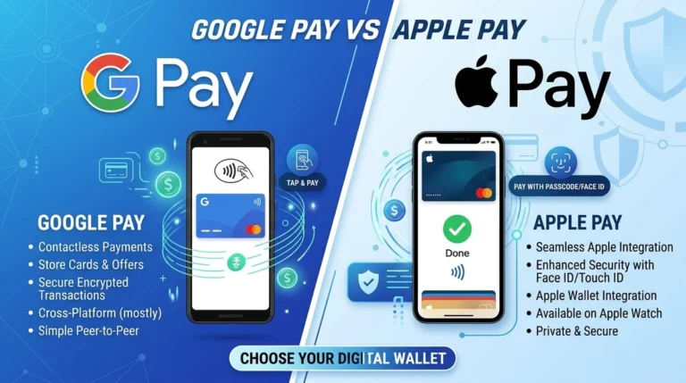Google Pay vs Apple Pay comparison illustration showing digital payment interfaces, devices, and ecosystem features.