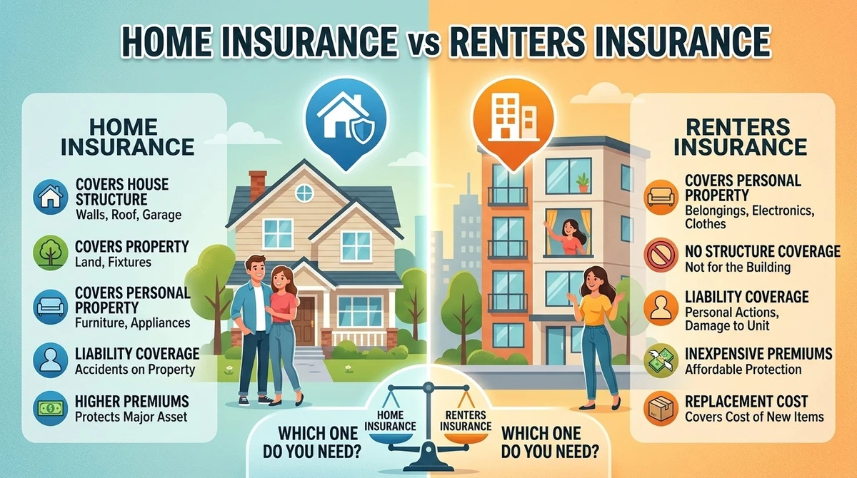 Home Insurance vs. Renters Insurance infographic comparing coverage for a house and apartment building.