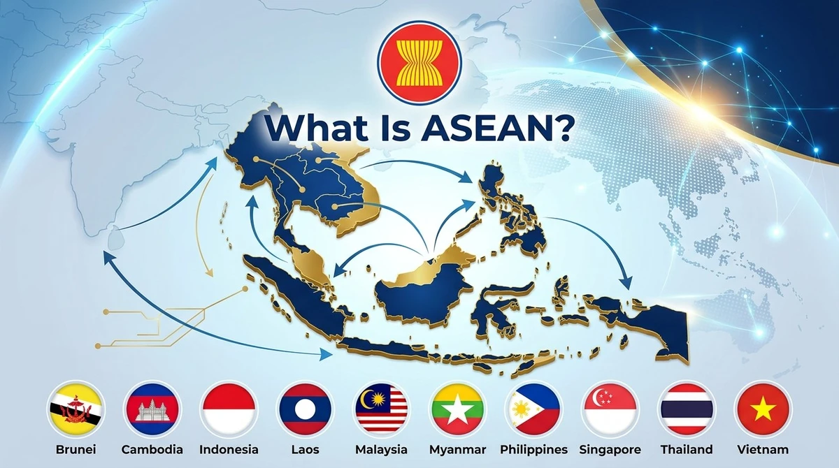 An infographic with a map of Southeast Asia and interconnected icons and charts representing regional integration, economic cooperation, and strategic partnership, illustrating What is ASEAN and how it works.