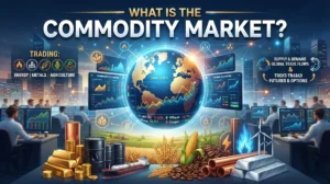 An illustration featuring the text "What Is the Commodity Market?" alongside symbols of oil barrels, gold bars, and grain stalks.