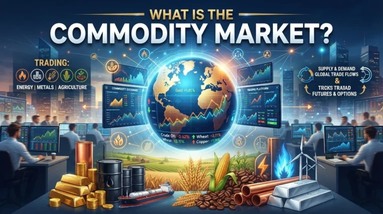 An illustration featuring the text "What Is the Commodity Market?" alongside symbols of oil barrels, gold bars, and grain stalks.