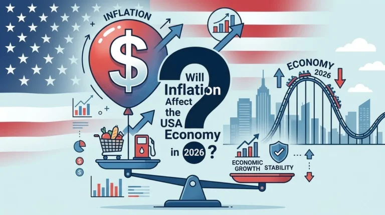 How Inflation Could Shape the U.S. Economy: A conceptual financial graphic featuring an American flag background, a large dollar sign, a downward trend arrow pointing toward a 2% target symbol, and city skyline silhouettes.