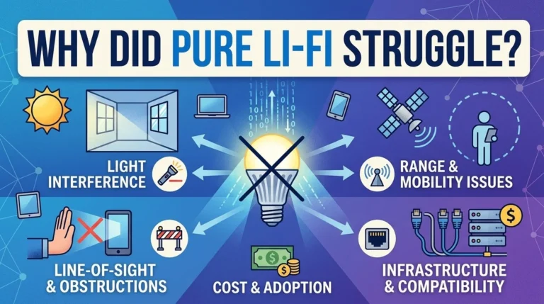 Why Did pure Li-Fi Struggle? - Li-Fi commercialization challenge and tech startup failure concept